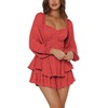 image:imageLYANER Womens Jumpsuit Lantern Long Sleeve Ruffle Layer Tie Mini Short RomperRed Printed