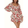 image:imageLYANER Womens Jumpsuit Lantern Long Sleeve Ruffle Layer Tie Mini Short RomperRose Print