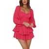 image:imageLYANER Womens Jumpsuit Lantern Long Sleeve Ruffle Layer Tie Mini Short RomperRose Red