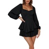 image:imageLYANER Womens Jumpsuit Lantern Long Sleeve Ruffle Layer Tie Mini Short RomperSolid Black
