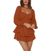image:imageLYANER Womens Jumpsuit Lantern Long Sleeve Ruffle Layer Tie Mini Short RomperSolid Caramel