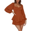 image:imageLYANER Womens Jumpsuit Lantern Long Sleeve Ruffle Layer Tie Mini Short RomperSolid Caramel