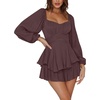 image:imageLYANER Womens Jumpsuit Lantern Long Sleeve Ruffle Layer Tie Mini Short RomperSolid Dark Brown