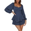 image:imageLYANER Womens Jumpsuit Lantern Long Sleeve Ruffle Layer Tie Mini Short RomperSolid Navy Blue