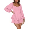 image:imageLYANER Womens Jumpsuit Lantern Long Sleeve Ruffle Layer Tie Mini Short RomperSolid Pink