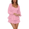 image:imageLYANER Womens Jumpsuit Lantern Long Sleeve Ruffle Layer Tie Mini Short RomperSolid Pink