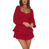 image:imageLYANER Womens Jumpsuit Lantern Long Sleeve Ruffle Layer Tie Mini Short RomperSolid Red