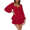 image:imageLYANER Womens Jumpsuit Lantern Long Sleeve Ruffle Layer Tie Mini Short RomperSolid Red