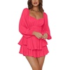 image:imageLYANER Womens Jumpsuit Lantern Long Sleeve Ruffle Layer Tie Mini Short RomperSolid Rose Red