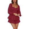 image:imageLYANER Womens Jumpsuit Lantern Long Sleeve Ruffle Layer Tie Mini Short RomperSolid Wine Red