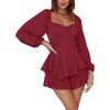 image:imageLYANER Womens Jumpsuit Lantern Long Sleeve Ruffle Layer Tie Mini Short RomperSolid Wine Red