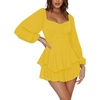 image:imageLYANER Womens Jumpsuit Lantern Long Sleeve Ruffle Layer Tie Mini Short RomperYellow