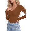 image:imageLYANER Womens Lace V Neck Long Sleeve Fitted Shirts Basic Ribbed Knit Tops Going Out Trendy TopCaramel