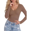 image:imageLYANER Womens Lace V Neck Long Sleeve Fitted Shirts Basic Ribbed Knit Tops Going Out Trendy TopDark Brown