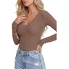 image:imageLYANER Womens Lace V Neck Long Sleeve Fitted Shirts Basic Ribbed Knit Tops Going Out Trendy TopDark Brown