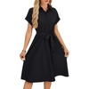 image:imageLYANER Womens Midi Dresses V Neck Button Down Tie Waist Short Sleeve Ruffle Hem DressBlack