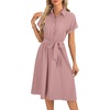 image:imageLYANER Womens Midi Dresses V Neck Button Down Tie Waist Short Sleeve Ruffle Hem DressPink