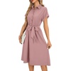image:imageLYANER Womens Midi Dresses V Neck Button Down Tie Waist Short Sleeve Ruffle Hem DressPink