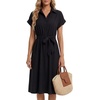 image:imageLYANER Womens Midi Dresses V Neck Button Down Tie Waist Short Sleeve Ruffle Hem DressSolid Black
