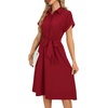 image:imageLYANER Womens Midi Dresses V Neck Button Down Tie Waist Short Sleeve Ruffle Hem DressWine Red