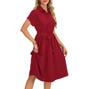 image:imageLYANER Womens Midi Dresses V Neck Button Down Tie Waist Short Sleeve Ruffle Hem DressWine Red