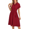 image:imageLYANER Womens Midi Dresses V Neck Button Down Tie Waist Short Sleeve Ruffle Hem DressWine Red