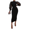 image:imageLYANER Womens Mock Neck Mesh Long Sleeve Zipper Bodycon Maxi Long DressBlack