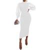 image:imageLYANER Womens Mock Neck Mesh Long Sleeve Zipper Bodycon Maxi Long DressWhite