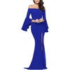 image:imageLYANER Womens Off Shoulder Side Split Bell Long Sleeve Cocktail Bodycon Maxi DressRoyal Blue