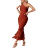 image:imageLYANER Womens One Shoulder Sleeveless Mesh Ruched Ruffle Hem Bodycon Long DressRust Red