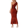 image:imageLYANER Womens One Shoulder Sleeveless Mesh Ruched Ruffle Hem Bodycon Long DressRust Red