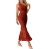 image:imageLYANER Womens One Shoulder Sleeveless Mesh Ruched Ruffle Hem Bodycon Long DressRust Red