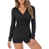 image:imageLYANER Womens Ribbed Hoodie Button Long Sleeve Bodycon Workout Shorts Romper JumpsuitBlack
