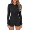 image:imageLYANER Womens Ribbed Hoodie Button Long Sleeve Bodycon Workout Shorts Romper JumpsuitBlack