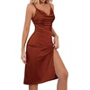 image:imageLYANER Womens Satin Drape Cowl Neck Sleeveless Strappy Cami Split Slit Party Midi DressRust Brown