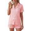 image:imageLYANER Womens Satin Pajamas for Women Silk 2 Piece Pj Sets Short Sleeve Button Down LoungewearCoral Pink