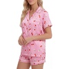 image:imageLYANER Womens Satin Pajamas for Women Silk 2 Piece Pj Sets Short Sleeve Button Down LoungewearDark Pink Print