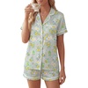 image:imageLYANER Womens Satin Pajamas for Women Silk 2 Piece Pj Sets Short Sleeve Button Down LoungewearGreen Print