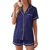 image:imageLYANER Womens Satin Pajamas for Women Silk 2 Piece Pj Sets Short Sleeve Button Down LoungewearNavy Blue