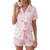 image:imageLYANER Womens Satin Pajamas for Women Silk 2 Piece Pj Sets Short Sleeve Button Down LoungewearPink Print
