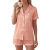 image:imageLYANER Womens Satin Pajamas for Women Silk 2 Piece Pj Sets Short Sleeve Button Down LoungewearSolid Coral Pink