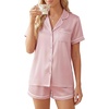 image:imageLYANER Womens Satin Pajamas for Women Silk 2 Piece Pj Sets Short Sleeve Button Down LoungewearSolid Pink