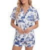 image:imageLYANER Womens Satin Pajamas for Women Silk 2 Piece Pj Sets Short Sleeve Button Down LoungewearWhite Dark Blue Print