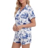 image:imageLYANER Womens Satin Pajamas for Women Silk 2 Piece Pj Sets Short Sleeve Button Down LoungewearWhite Dark Blue Print