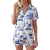 image:imageLYANER Womens Satin Pajamas for Women Silk 2 Piece Pj Sets Short Sleeve Button Down LoungewearWhite Dark Blue Print