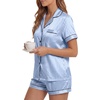 image:imageLYANER Womens Satin Silky Pajamas Set Short Sleeve Button Shirt with Shorts Pjs Sleepwear LoungewearAzure2