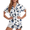image:imageLYANER Womens Satin Silky Pajamas Set Short Sleeve Button Shirt with Shorts Pjs Sleepwear LoungewearButterfly Blue