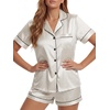 image:imageLYANER Womens Satin Silky Pajamas Set Short Sleeve Button Shirt with Shorts Pjs Sleepwear LoungewearChampagne2
