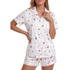 image:imageLYANER Womens Satin Silky Pajamas Set Short Sleeve Button Shirt with Shorts Pjs Sleepwear LoungewearCherry White
