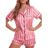 image:imageLYANER Womens Satin Silky Pajamas Set Short Sleeve Button Shirt with Shorts Pjs Sleepwear LoungewearCoral Pink